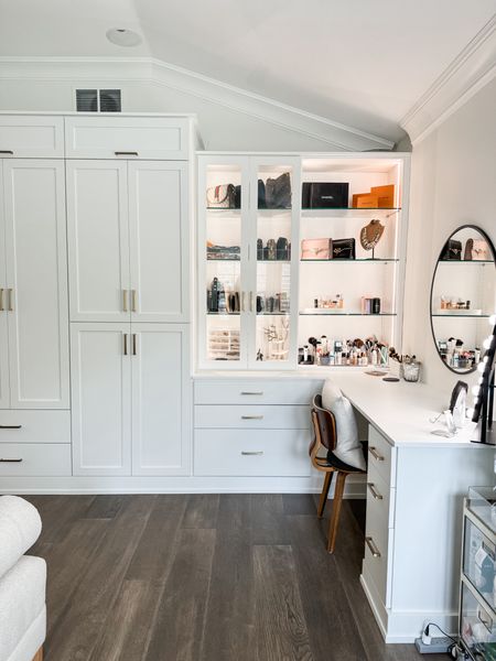 We helped a sweet mom turn an empty sitting room off the primary bedroom into the walk-in closet of her dreams! I love this section of the closet with the glass shelves and built-in lighting. Soooooo pretty! I dream of a space like this to sit down and get ready! HAPPY MOTHER’S DAY WEEKEND!! 

#LTKHome
