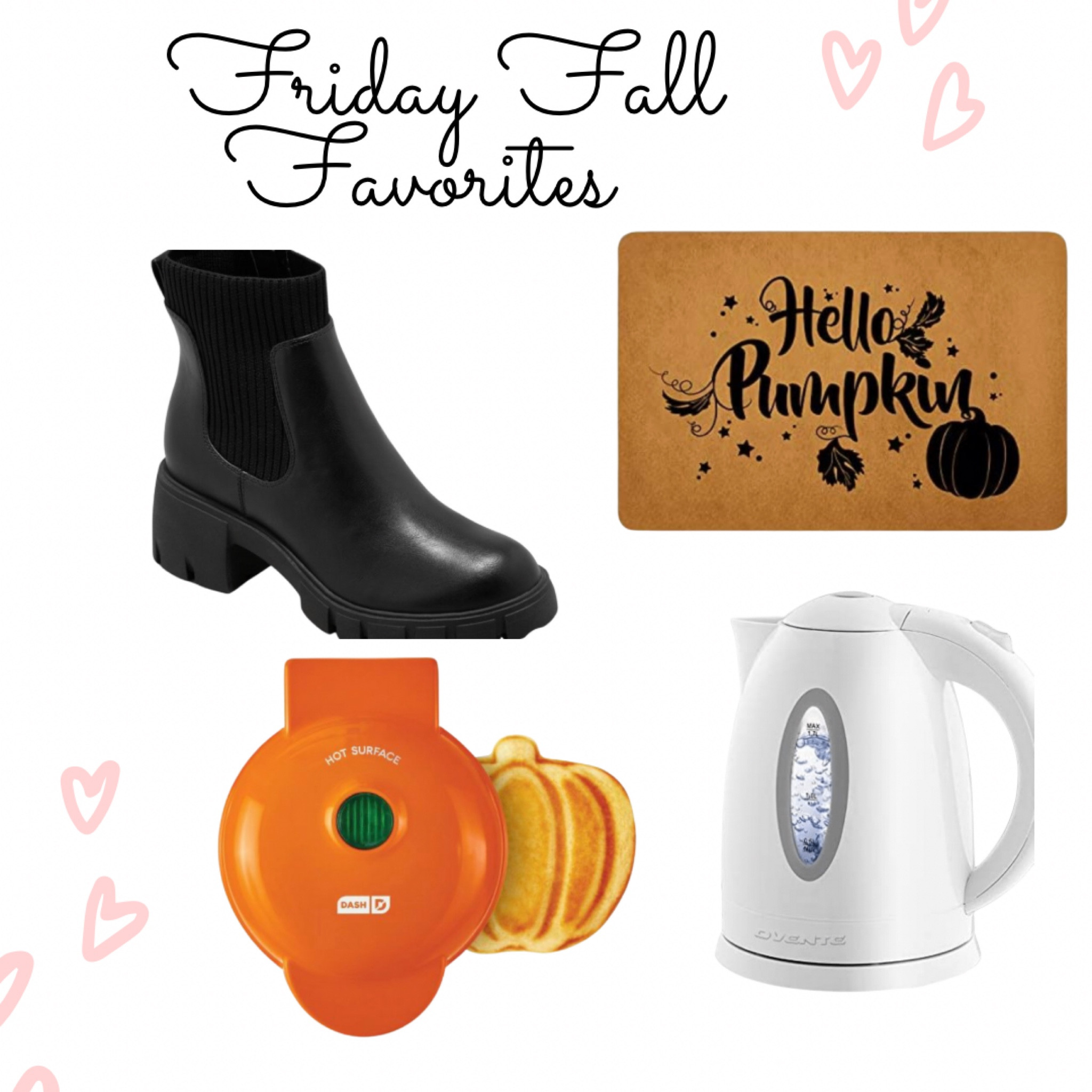 Friday Fall Favorites! 
1. A new pair of boots! A total fall wardrobe essential 
2. Pumpkin waffle iron! This is SO fun and makes your breakfast feel more festive 
3. “Hello Pumpkin” door mat! A must have for your fall porch 
4. Electric Kettle - for instant hot tea, hot chocolate & more! 

#LTKshoecrush #LTKhome #LTKSeasonal
