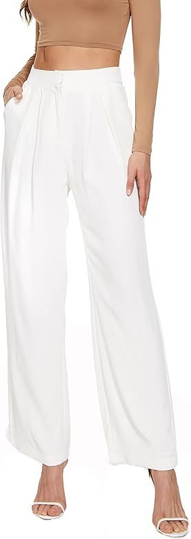 FUNYYZO High Waisted Wide Leg Wrinkle Pants for Women Solid Suit Pants Long Straight Causal Trous... | Amazon (US)