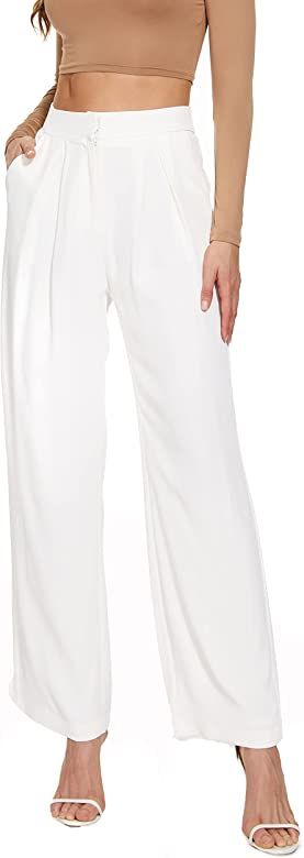FUNYYZO High Waisted Wide Leg Wrinkle Pants for Women Solid Suit Pants Long Straight Causal Trous... | Amazon (US)