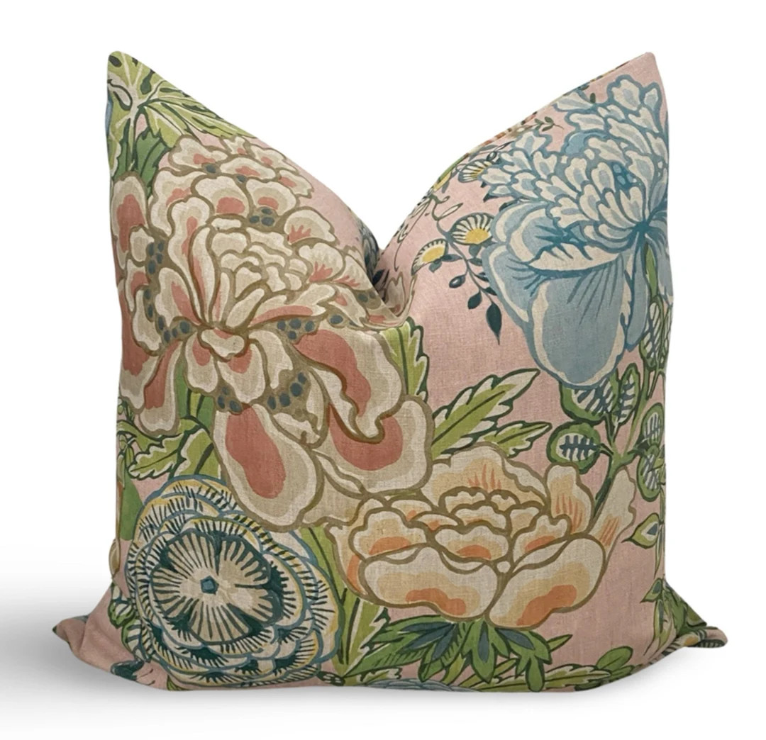 Peony Garden Blush Pillow Cover, Thibaut Floral Pillow Cover, Linen Floral Pillow Cover | Etsy (US)
