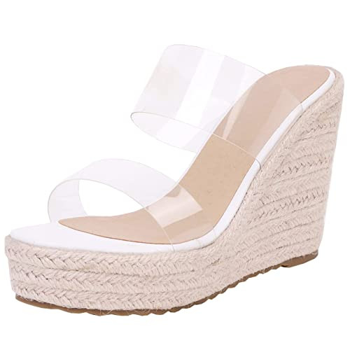 Amazon.com | VARECOLA Women Slip On Espadrille Platform Wedge Sandals Slide Open Toe Clear High H... | Amazon (US)