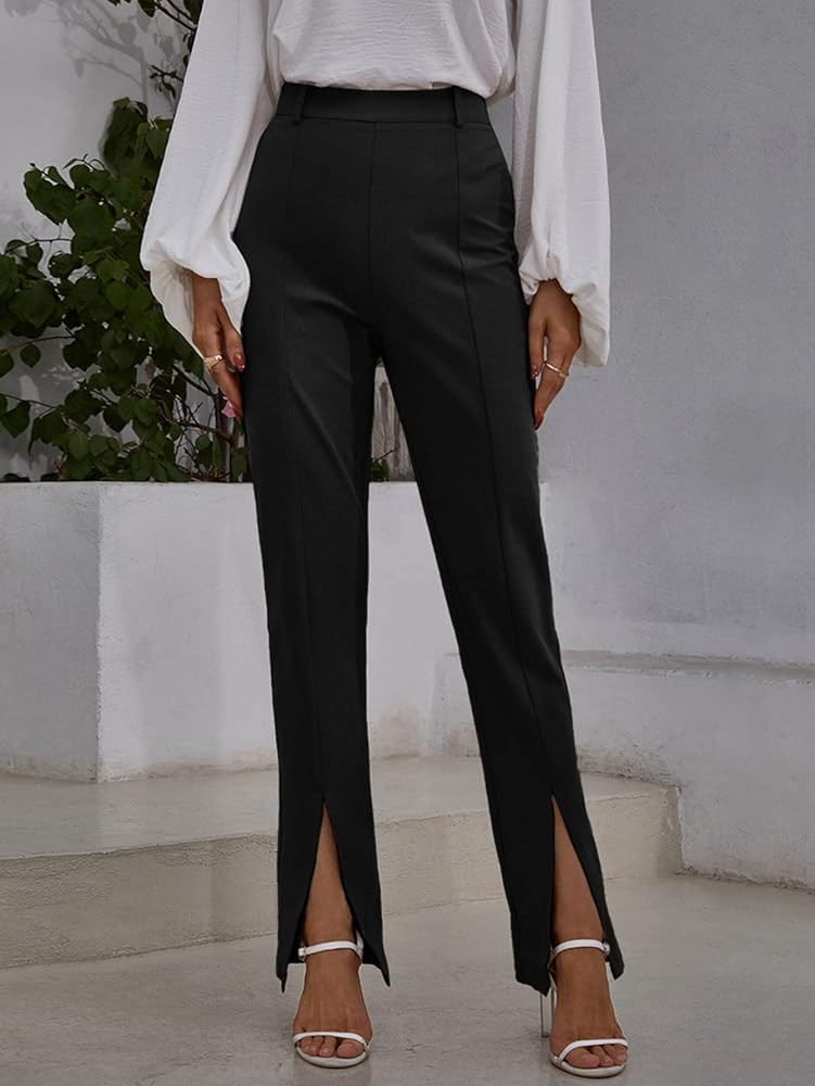 Women's High Waisted Dress Pants Button Front Split Hem Business Office Slacks Black Small at Ama... | Amazon (US)