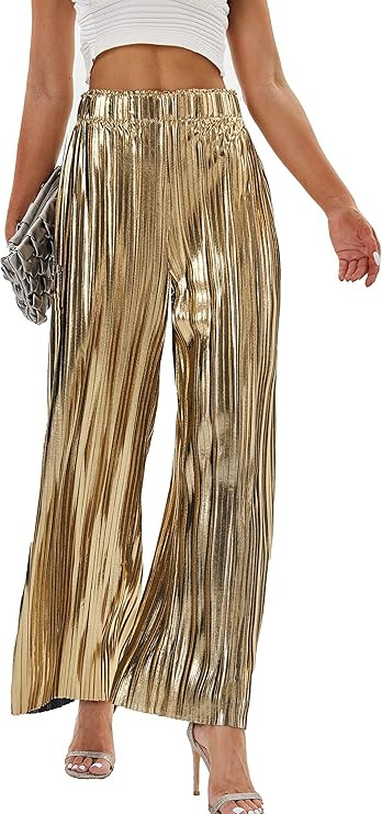 heipeiwa Women's Shiny Pleated Wide Leg Pants Party Nightout High Waist Trouser Folded Lightweigh... | Amazon (US)