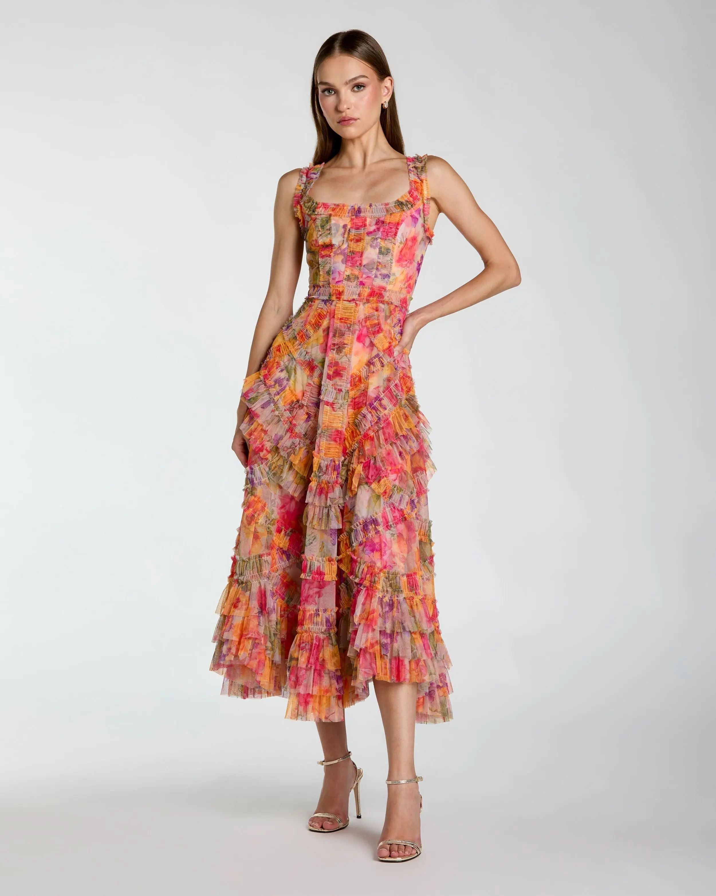 Multicolor Floral Scoop Neck A-Line Ruffle Midi Dress | Mac Duggal | Mac Duggal