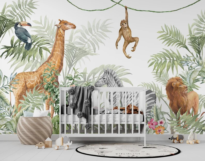 Cute Tropical Animals Nursery Wallpaper, Giraffe and Hanging Monkey Kids Room Wall Mural, Jungle ... | Etsy (US)