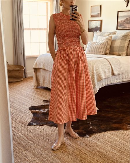 Finally wore my orange gingham dress today and it was perfect for the heat. 
You guys know how I love my clear slides? Well I found clear Mary Jane’s! Obsessed. And they are about $100! Half size up if possible. I’m in a 10 and would have preferred slightly larger. 


#LTKShoeCrush #LTKWorkwear #LTKParties