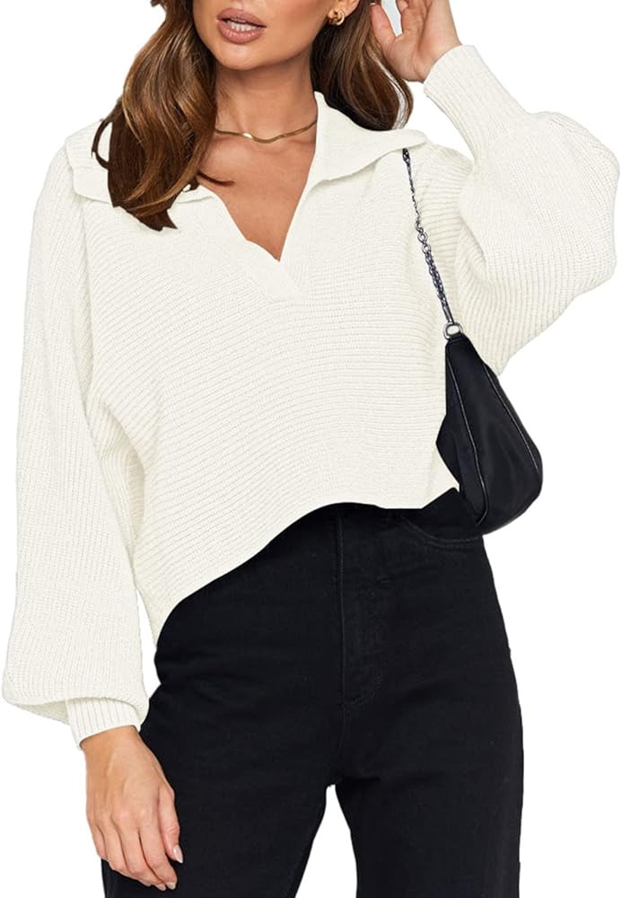 Kisscynest Women's V Neck Cropped Sweater Lantern Sleeve Ribbed Knit Lapel Collar Pullover Top Lo... | Amazon (US)