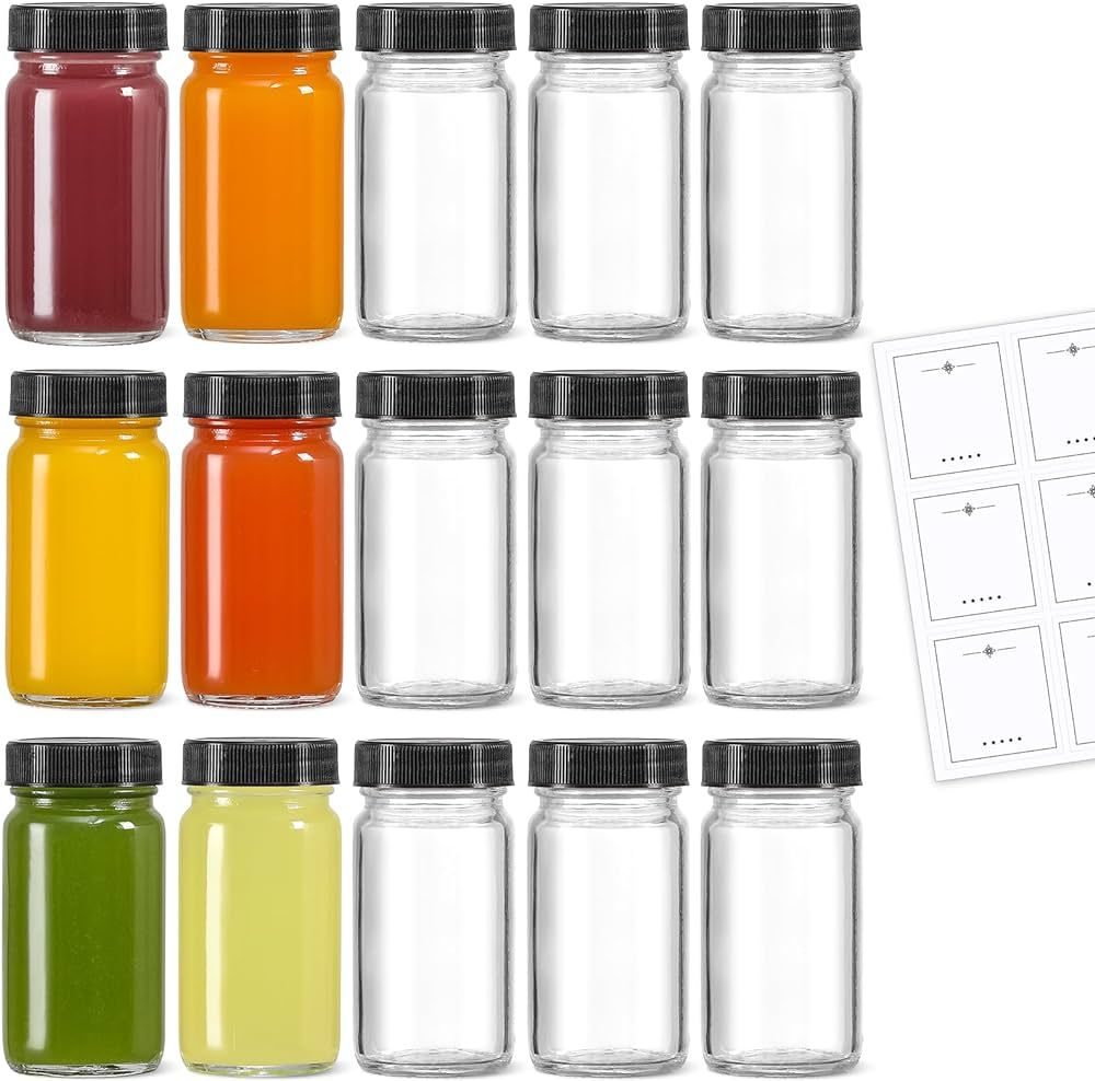 15 Pack 2 oz Glass Shot Mini Bottles w/ Black Lids & 15 Labels - Small Clear Jar for Ginger, Well... | Amazon (US)