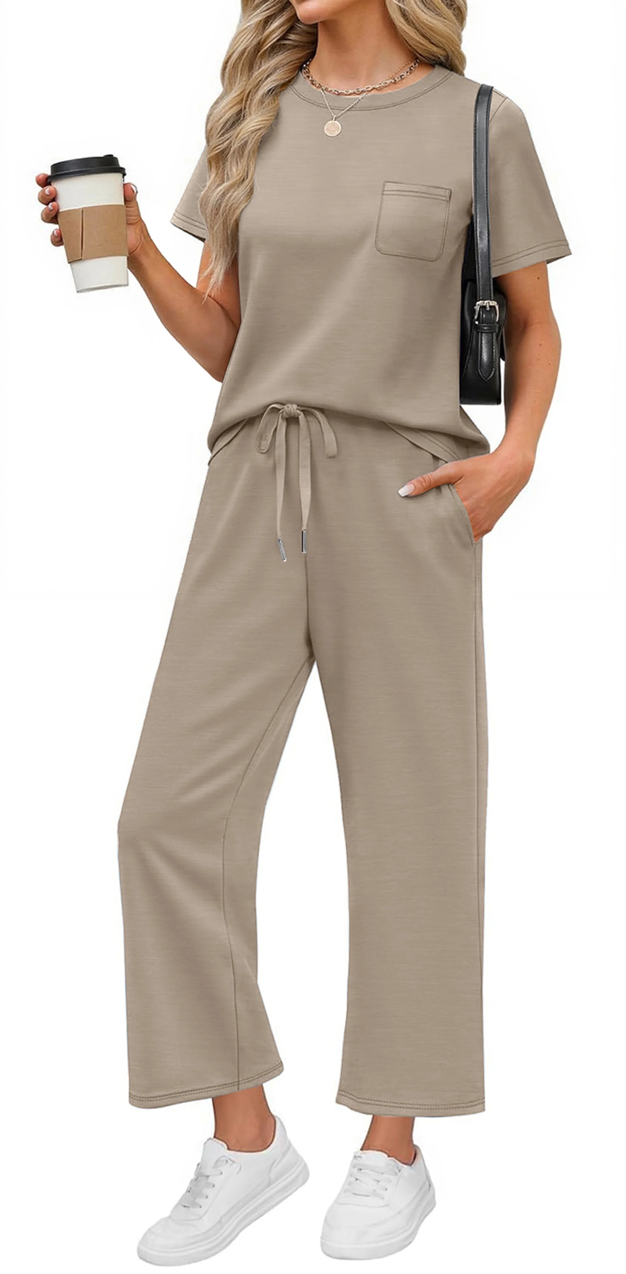 Fantaslook 2 Piece Sets for Women Casual Summer Travel Vacation Outfits Short Sleeve Tops Wide Leg Pants Lounge Sets | Walmart (US)