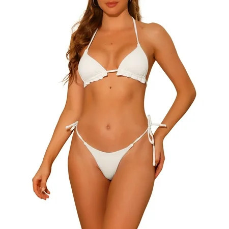 DARING DIVA Women s Halter Ribbed Bikini Sets 2 Piece Tie Side Bathing Suit XS White | Walmart (US)