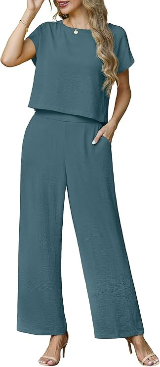 Lepunuo 2 Piece Sets for Women Summer Cap Sleeve Crop Top Wide Leg Pants Matching Lounge Set Vaca... | Amazon (US)