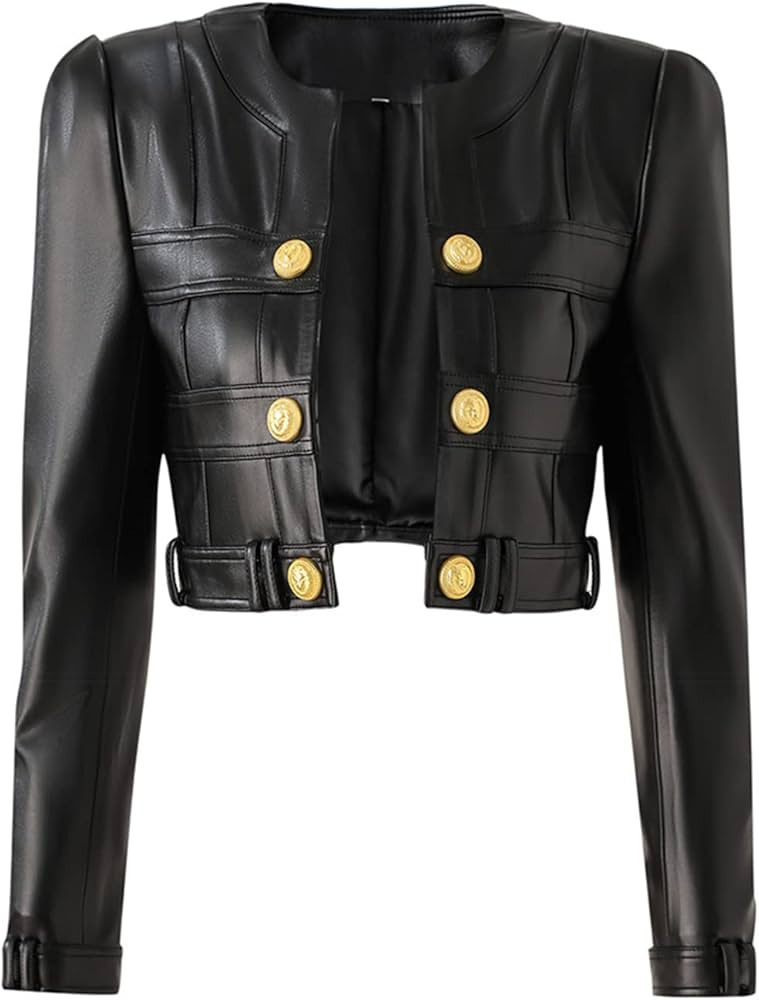 Women PU Leather Business Suit Slim Fit Sport Coat 3 Button Open Front Solid Blazer Work Office S... | Amazon (US)