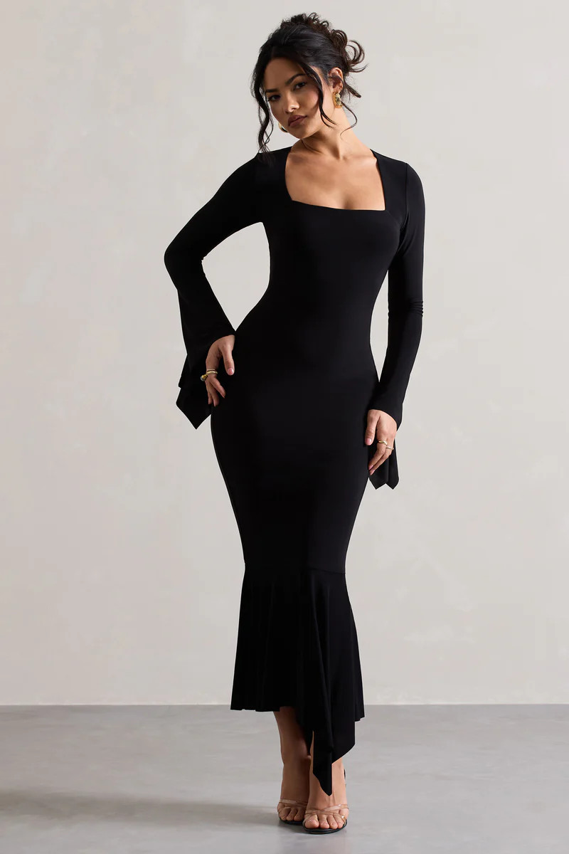 Meliora | Black Square-Neck Flute-Sleeve Asymmetric Midi Dress | Club L London