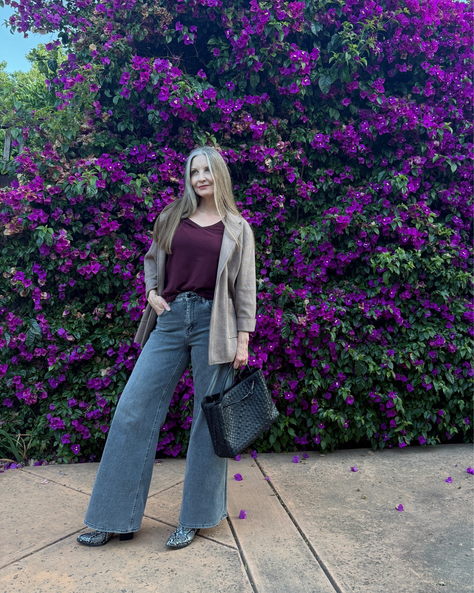 Gray wide leg jeans, knit blazer, leather tote. #ltkover50 #effortlessstyle #summertofall #falltransition #size10 #midsizestyle #retiredstyle

#LTKootd #LTKOver40 #LTKMidsize