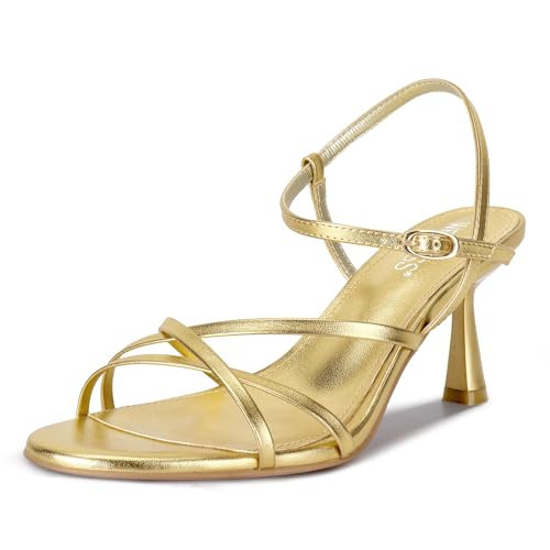 wetkiss Gold Heels Women Strappy Heels Low Kitten Sandals Comfortable Sandals Round Open Toe for Going Out Dressy Dancing Adjustable Ankle Strap, Gold, Size 9.5 | Amazon (US)