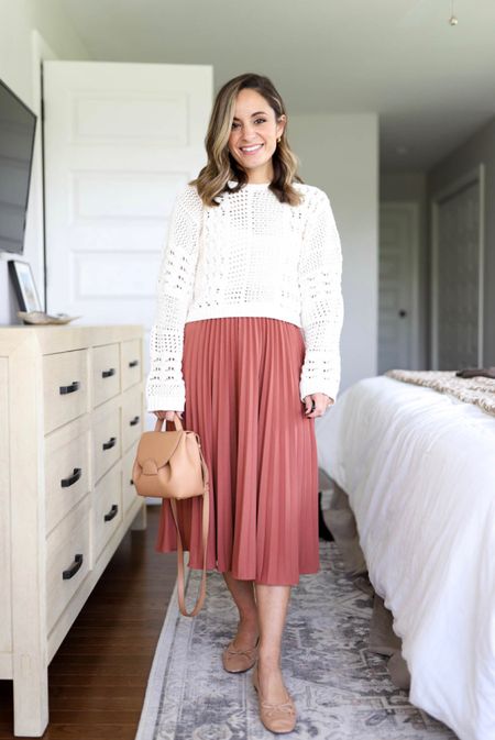 Capsule Series: four ways to wear a pleated skirt 

Skirt: small in “brown” 
Sweater: xxs 
Flats: tts 
Bag: (can’t link) polene un nano in textured tan 

#LTKstyletip #LTKSeasonal