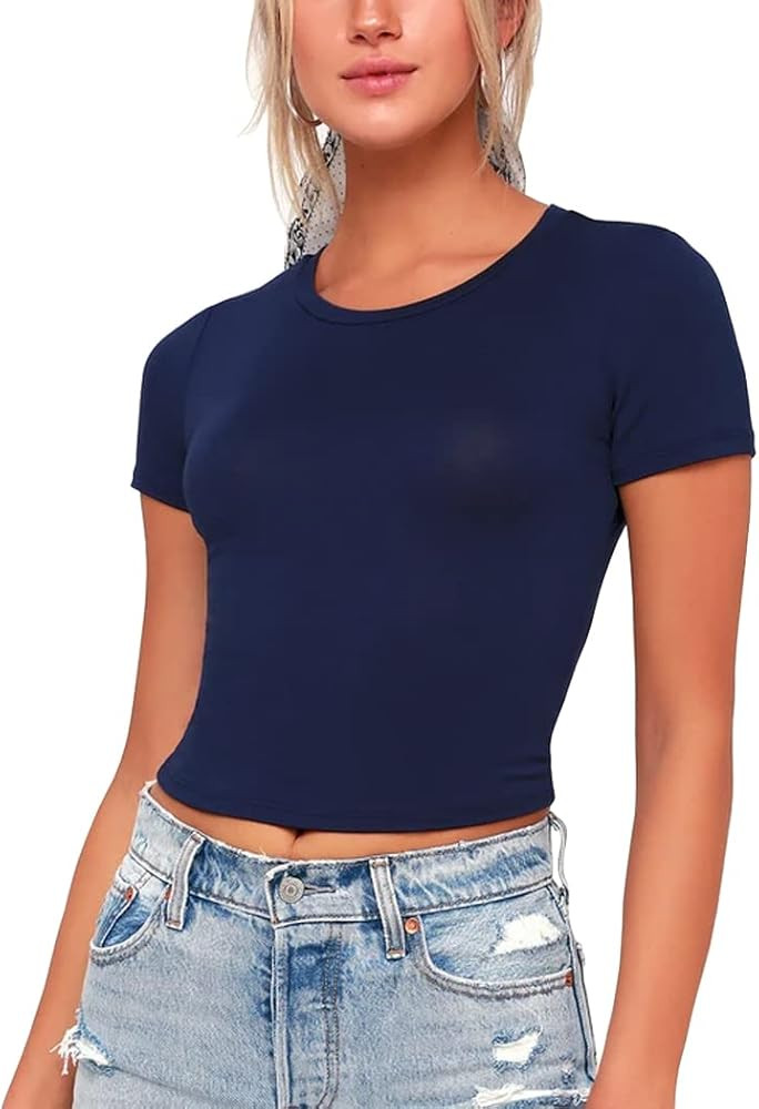 Women's Summer Causal Short Sleeve Blouse Round Neck Crop Tops Basic Tee T-Shirt | Amazon (US)