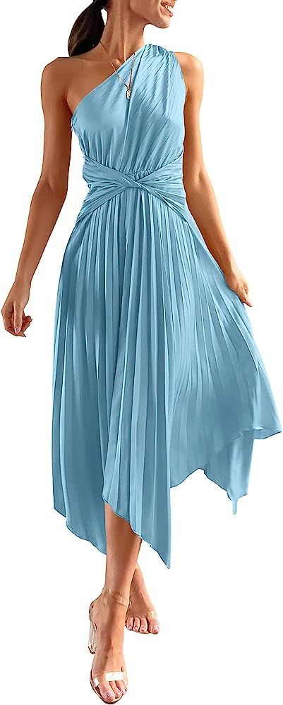 Amazon.com: PRETTYGARDEN Women's Summer Long Satin Dress One Shoulder Sleeveless Ruched Twist Flo... | Amazon (US)