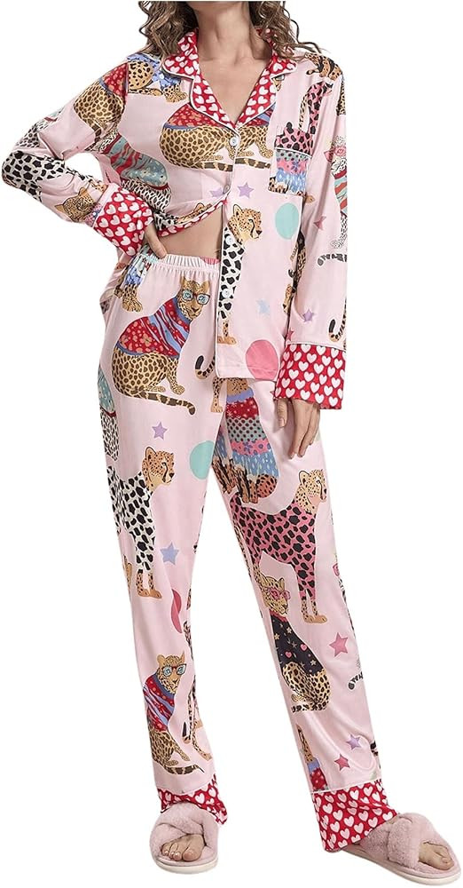 Women's 2 Piece Pajama Set Animal Print Button Up Long Sleeve Shirt and Pants Lounge Set | Amazon (US)