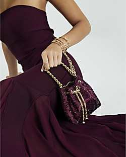 Red Diamante Drawstring Bucket Clutch Bag | River Island UK & IE