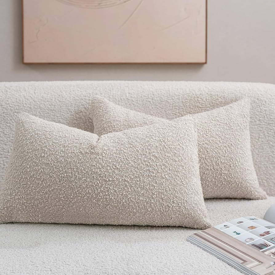 DEZENE Boucle Couch Pillow Covers 12x20 Beige for Bed Sofa Living Room, Pack of 2 Rectangular Lum... | Amazon (US)