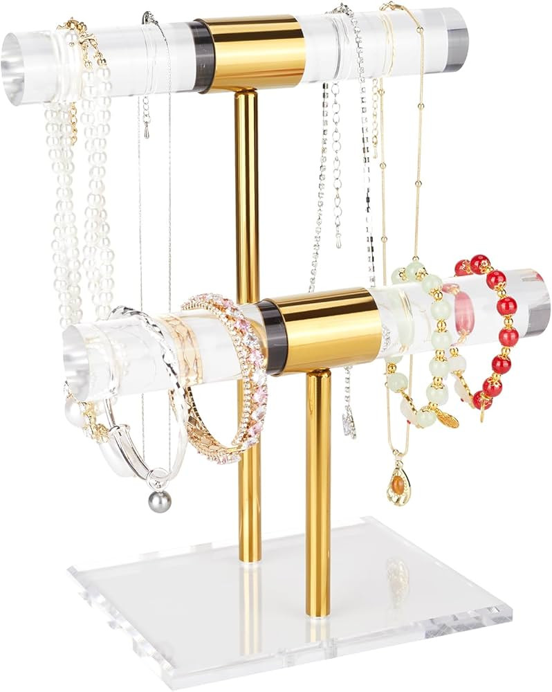 Necklace Holder Bracelet Holder, 2-Tier Acrylic Jewelry Display Stand Gold Jewelry Tower Stand Cr... | Amazon (US)