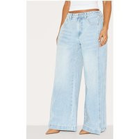 Petite Light Blue Denim Side Pleated Detail Wide Leg Jeans | PrettyLittleThing US