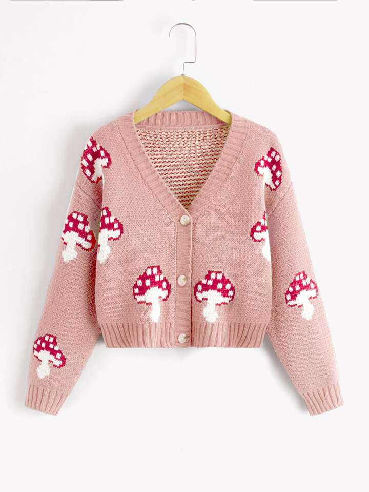SHEIN Girls Mushroom Pattern Drop Shoulder Cardigan | SHEIN