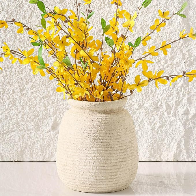 Ceramic Flower Vase, 7.48 Inch White Rustic Farmhouse Decorative Vase Pottery Wide-Mouth Vases fo... | Amazon (US)