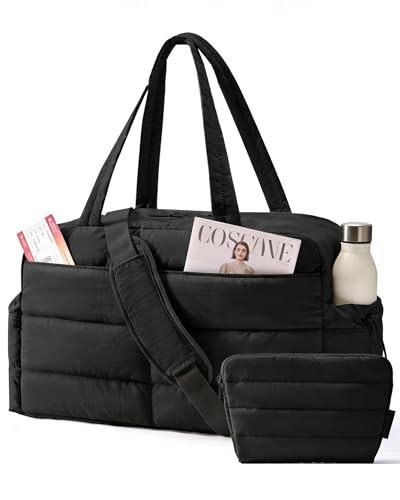 BAGSMART Gym Bag for Women, Lightweight Puffer Duffle Bag 2-PC Travel Bag, 31L Weekender Overnight Bag Quilted Carry On Tote Bag, Diaper Hospital Dance Bag for Travel, Gym, Water Resistant, Black | Amazon (US)