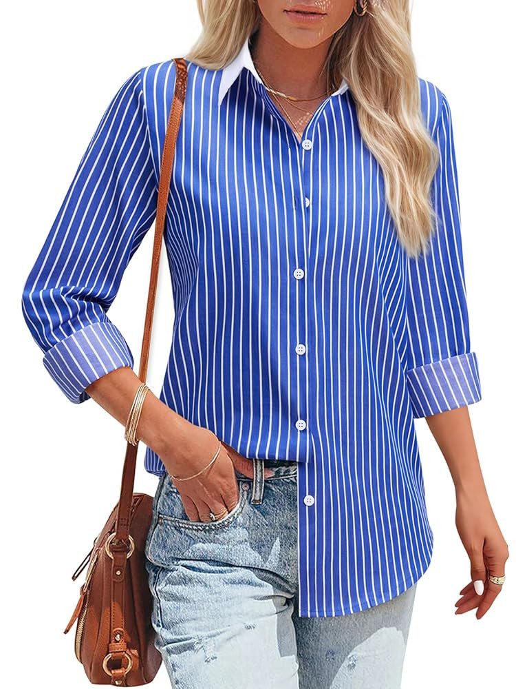 siliteelon Striped Button Down Shirts for Women Cotton Dress Shirts Long Sleeve Casual Collared O... | Amazon (US)