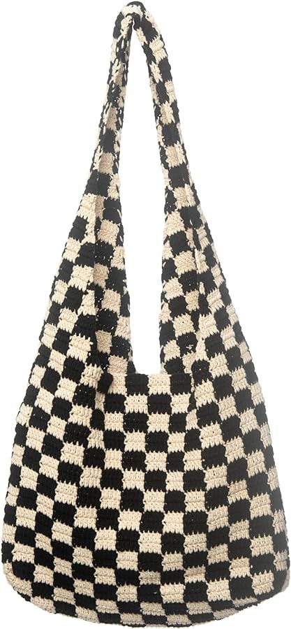 Handmade Checkered Pattern Crochet Tote Bag, Aesthetic Hobo Shoulder Crochet Beach Bag | Amazon (US)