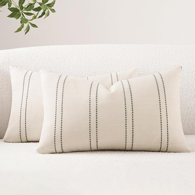 Striped Lumbar Throw Pillow Covers 12x20 Inch Set of 2 Linen Farmhouse Boho Accent Neutral Beige ... | Amazon (US)
