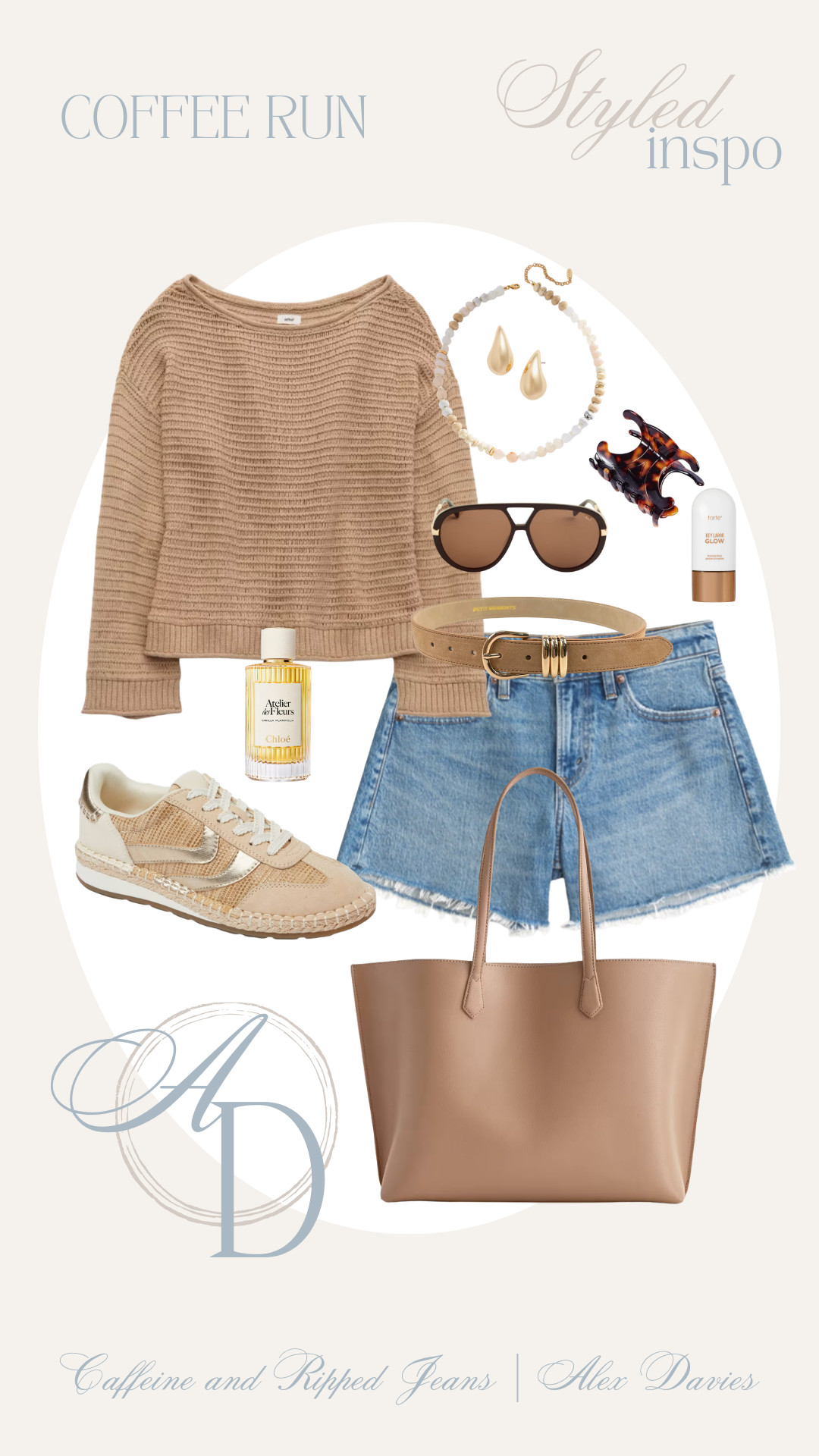 // coffee run outfit inspo // cute outfit inspo // denim shorts // aline denim shorts // abercrombie denim // coffee run // spring sneakers // beach outfit // neutral coffee outfit // coffee with friends // 

 #LTKgrwm #LTKootd #LTKmorningroutine