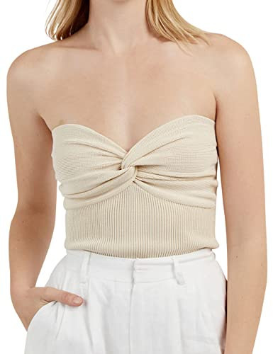 MISSACTIVER Women’s Sexy Twist Front Knitted Tube Top Strapless Solid Ruched Rib-Knit Crop Top Tank Top(Apricot,Large) | Amazon (US)