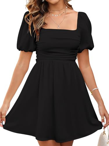 JKMNAO Women's Summer Square Neck Short Dress Puff Sleeve Off Shoulder Sundress Casual A Line Mini Graduation Dresses Black | Amazon (US)