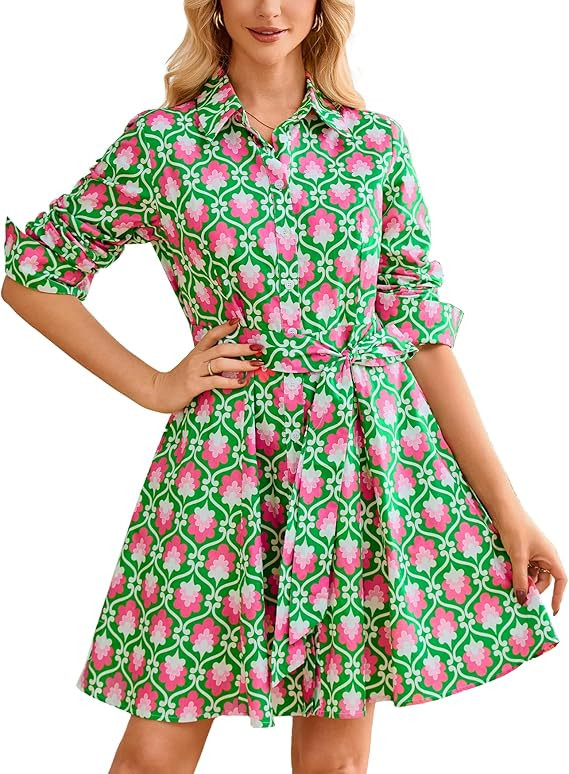 Women's Printed Button Down Shirt Dress Long Sleeve Collared V-Neck Belted Mini Dress with Pocket... | Amazon (US)