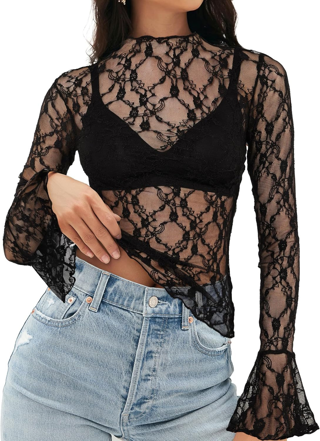 MEROKEETY Womens Mesh Sheer Lace Long Sleeve Mock Neck Blouse Shirt Tops | Amazon (US)