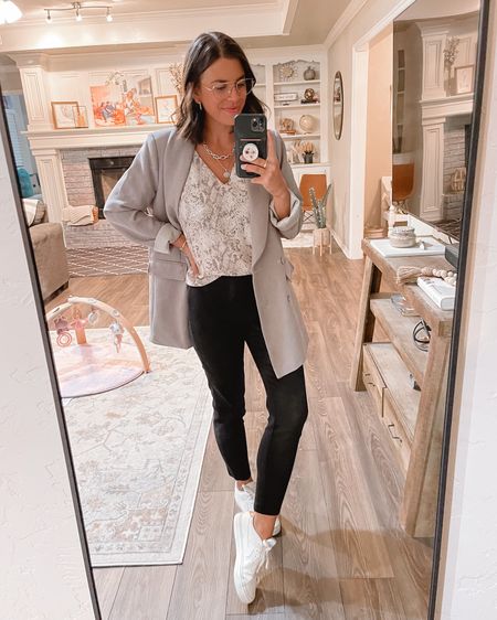 Todays work wear look. I love a boyfriend blazer paired with straight leg pants. These sneakers are perfect for the clean girl aesthetic while also giving it a polished professional feel  

#LTKworkwear #LTKSeasonal #LTKshoecrush