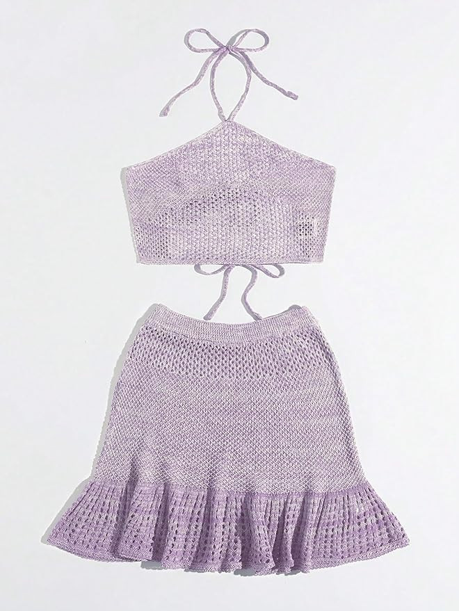 Womens 2024 Swimsuit Cover Up Solid Color Hollow Out Neck Top And Skirt Cover Suit | Amazon (US)