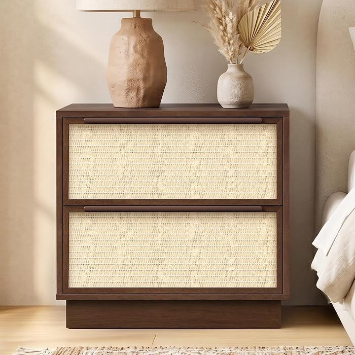 Dark Walnut 2-Drawer Nightstand, Rattan-Look Woven Bedside Table | Amazon (US)