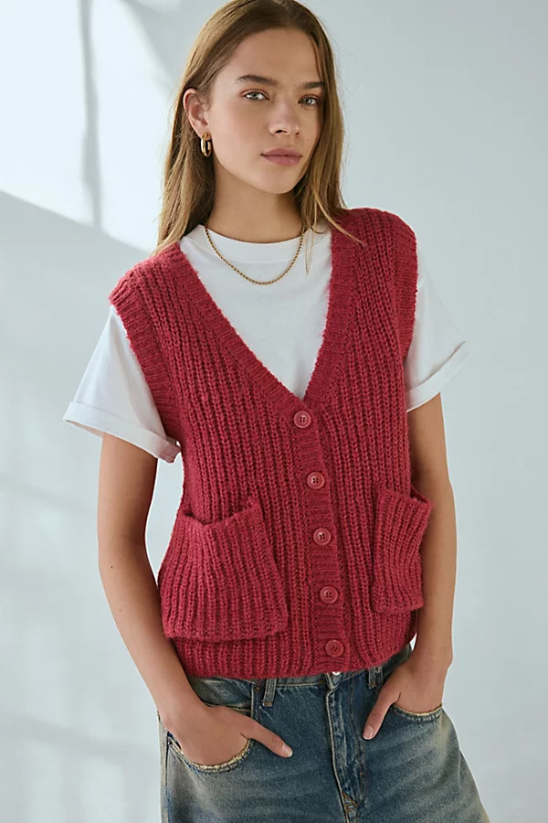 BDG Gerry Oversized Sweater Vest in Red, Women's at Urban Outfitters | Urban Outfitters (US and RoW)
