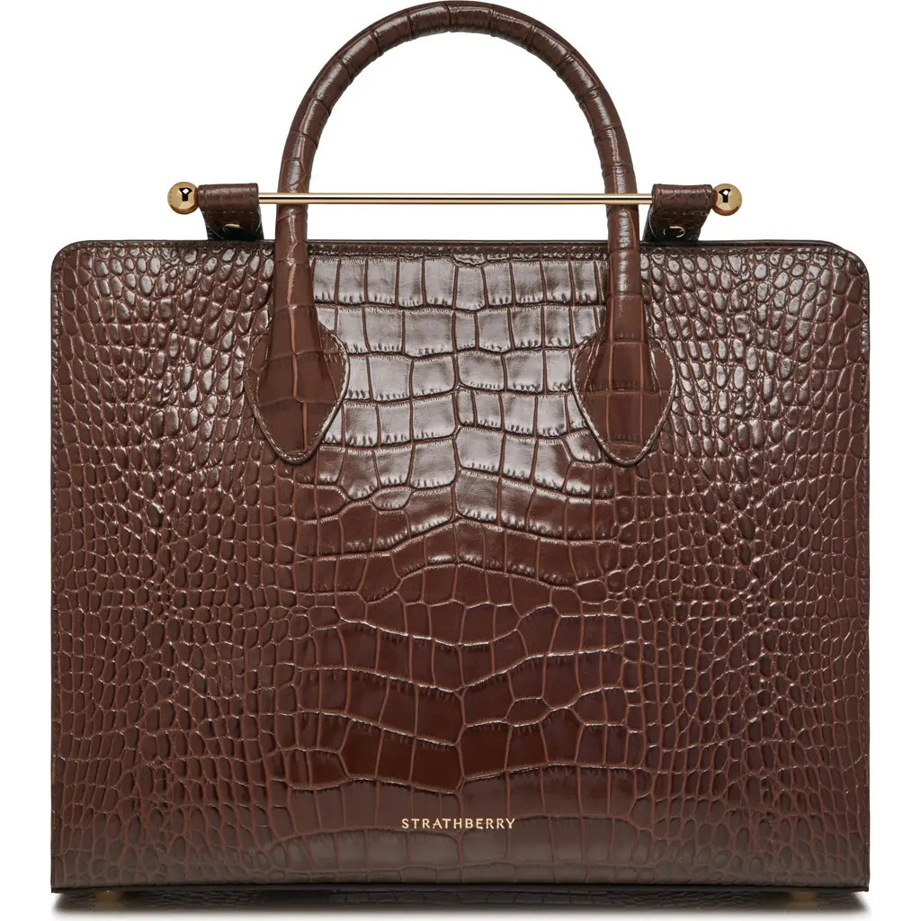Strathberry Midi Croc Embossed Leather Tote in Chocolate at Nordstrom | Nordstrom