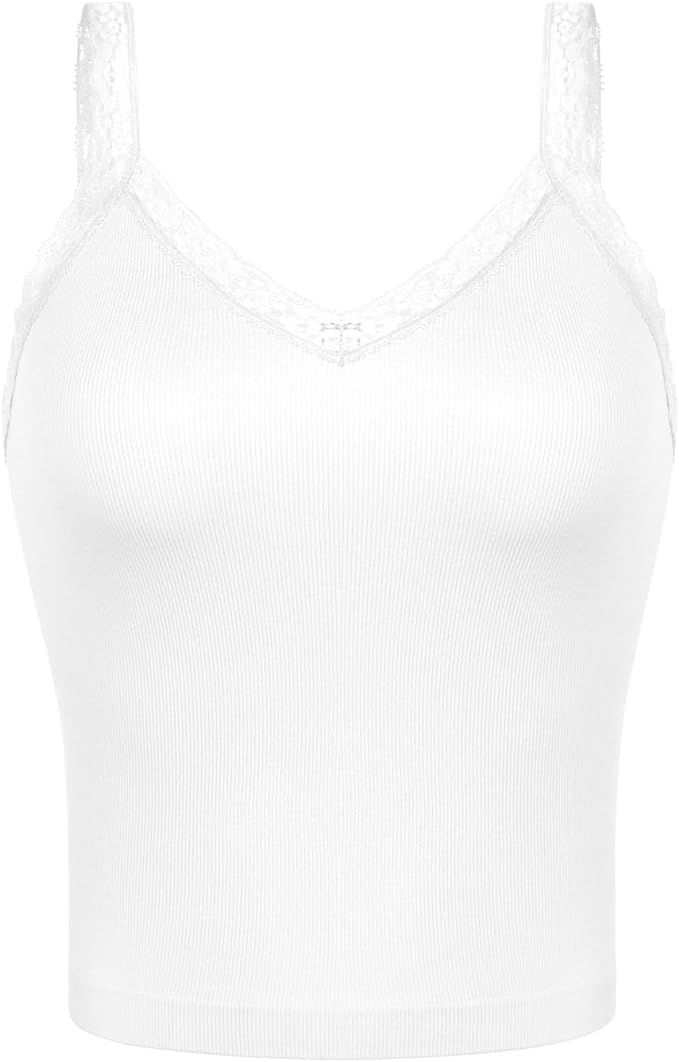 ODODOS 3-Pack Lace Trim Seamless Top for Women Ribbed Soft V Neck Cami Tank Tops | Amazon (US)