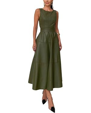 CHARTOU Women PU Faux Leather Sleeveless Elegant Flowy Long Dress Party Night Out Dress with Belt | Amazon (US)