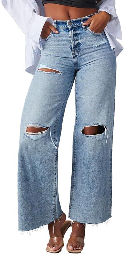 Allimy Women's High Waisted Straight Ankle Wide Leg Ripped Jeans Frayed Hem Stretchy Capri Denim ... | Amazon (US)