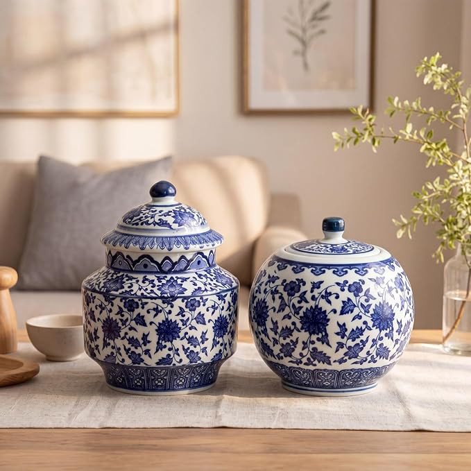 2 Pcs Chinoiserie Decor Blue and White Ceramic Ginger Jar, Ceramic Chinese-style Decorative Jar f... | Amazon (US)
