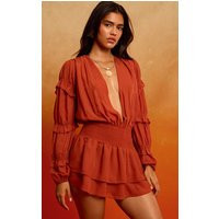 Rust Chiffon Ruched Ruffle Mini Dress | PrettyLittleThing US