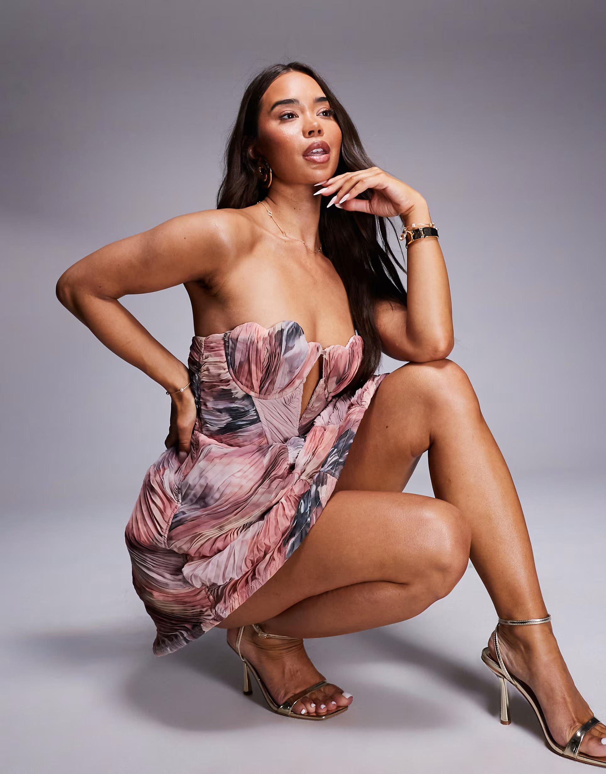 ASOS LUXE caged ruched mini dress in floral print | ASOS (Global)